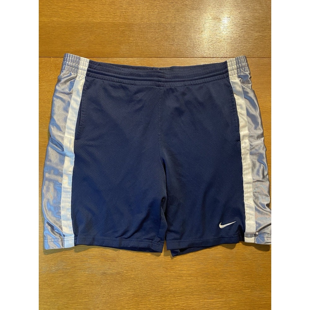 Vintage Y2K Nike Blue Mesh Silver Satin Sides Basketball Shorts Mens XL Athletic